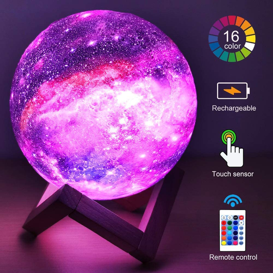 Lámpara Luna LED con Soporte – Recargable y Multicolor