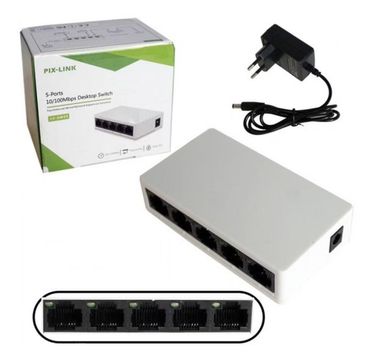 Switch RJ45 de 5 Puertos LAN Gigabit 10/100Mbps Bivolt