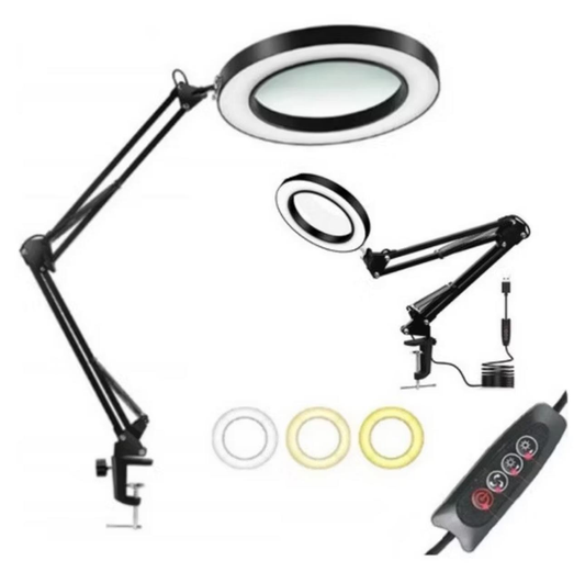 Lupa Luminaria LED Articulada con Base y Pinza
